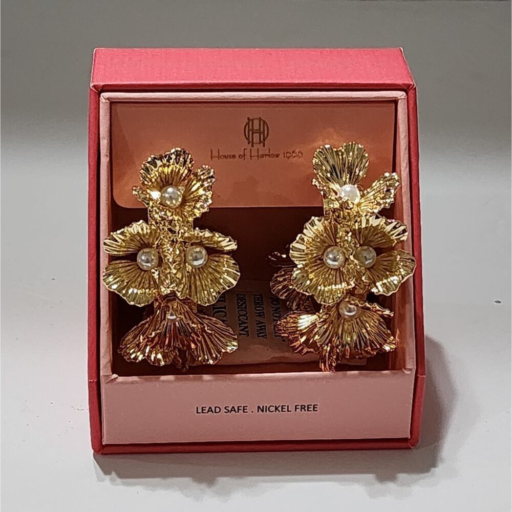 House of Harlow 1969 Gold Flower and Faux Pearl Hoop Earrings New!